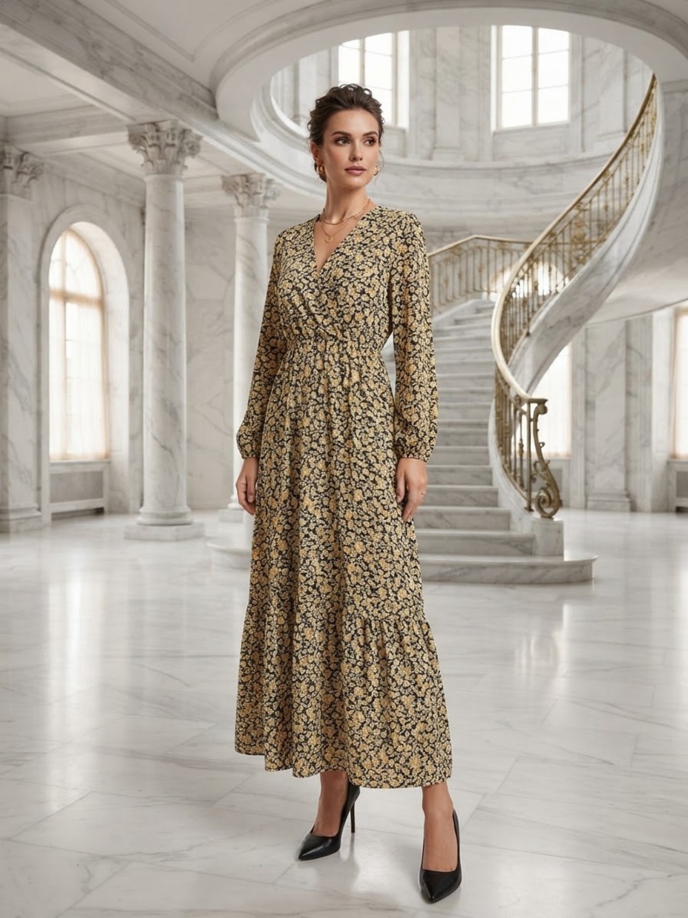 V-Neck Long Sleeve Floral Maxi Dress in Mustard